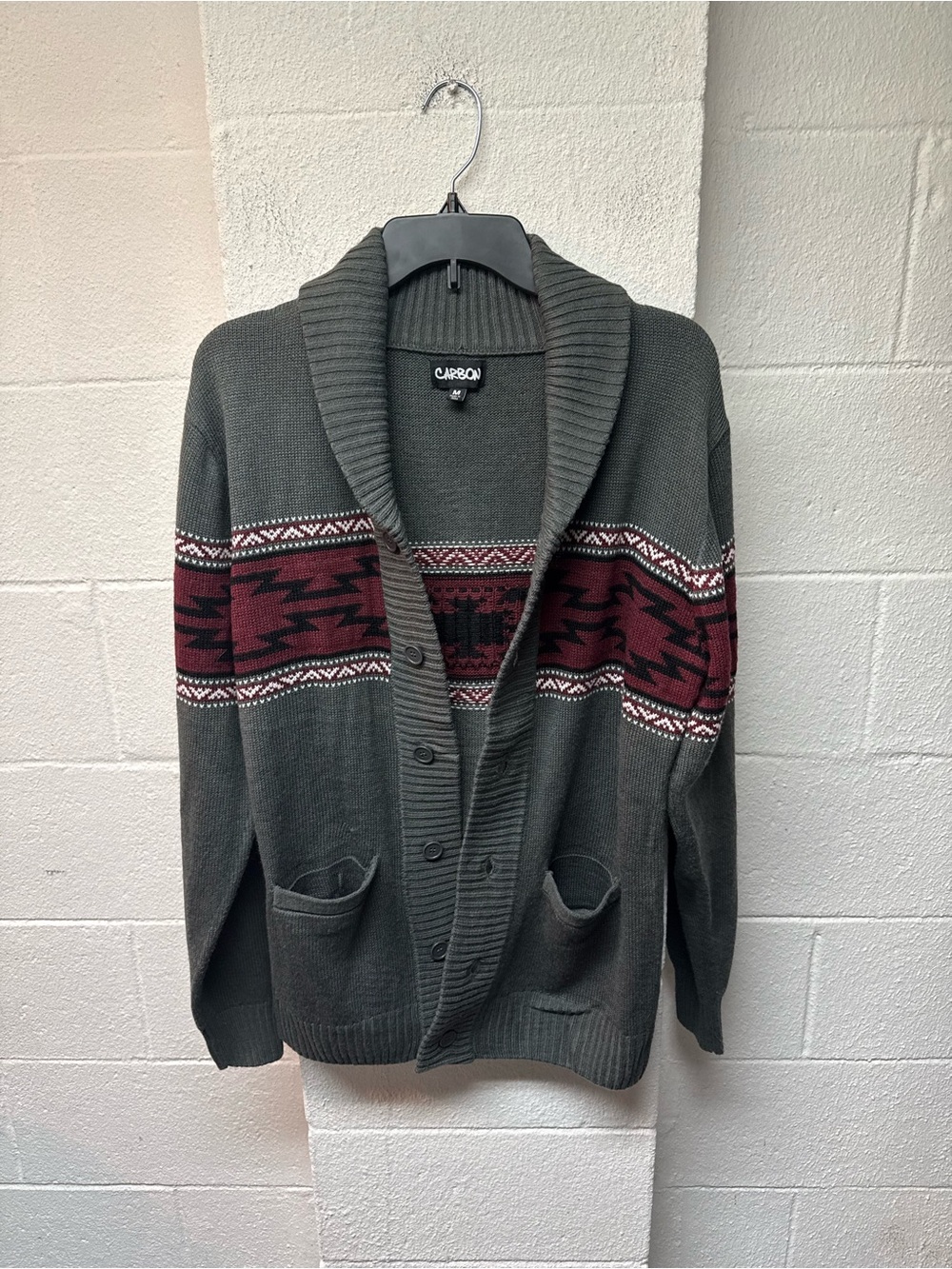 Carbon Shawl Collar Cardigan Sweater - Charcoal with Burgundy Stripe